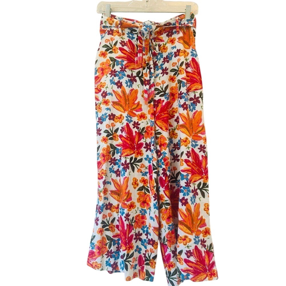 Joie Floral Wide Leg‎ Crop Pants - Beaded Tassel Belt Linen Blend Resort